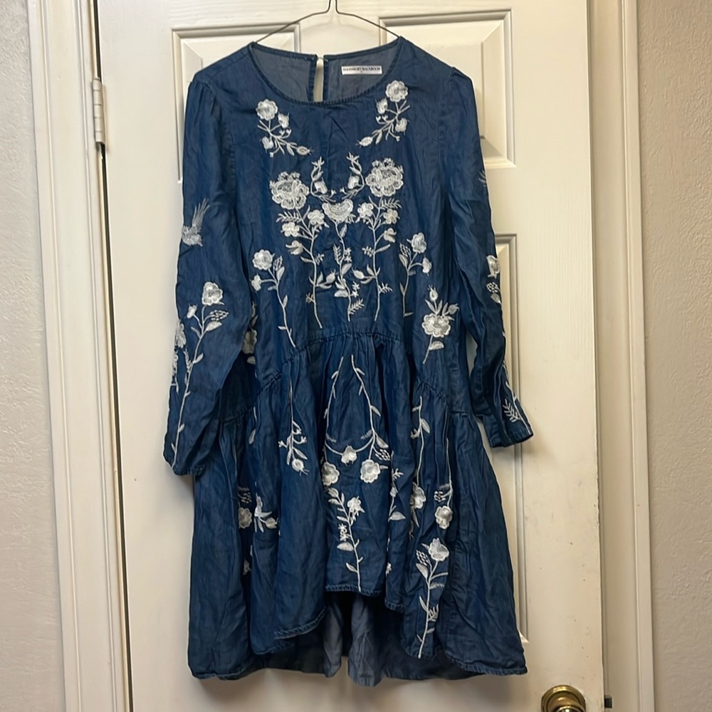 Goodnight Macaroon Floral Embroidered Denim Blue Dress S